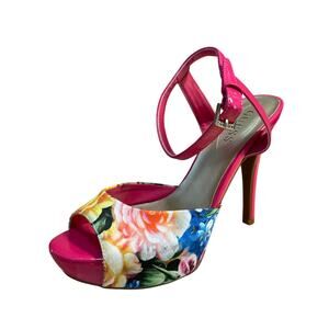 Guess Women's Tropical Pink Floral Ankle Strap Stiletto Platform Heels Size 9M